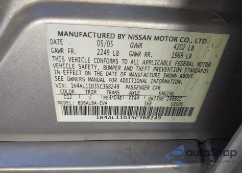 2005 Nissan Altima 2.5 S z USA, uszkodzony, nr VIN 1N4AL11D35C368249